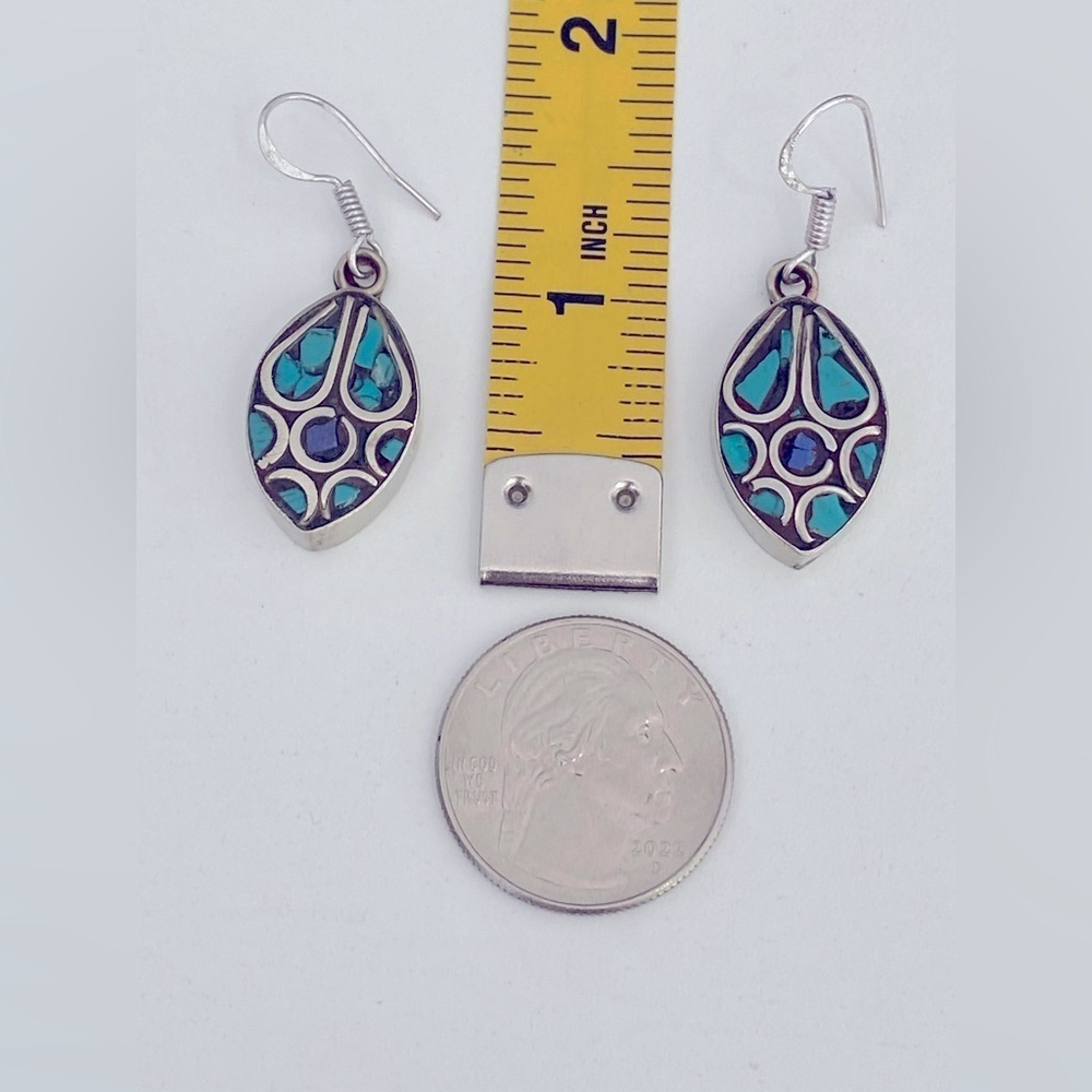 Unique Handmade Tibetan Silver Turquoise Lapis Lazuli Oval Earrings - Picture 2 of 2